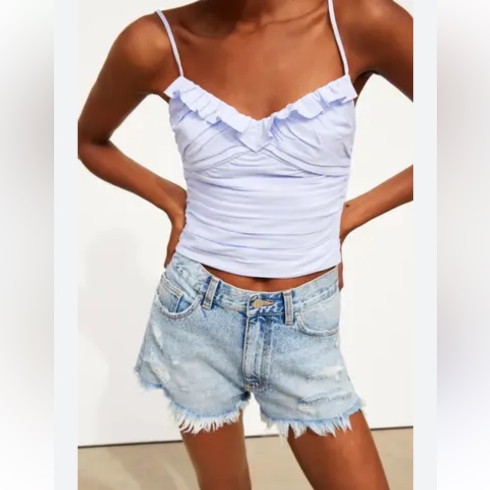 Zara Ruffle Crop Blue Ruched Top